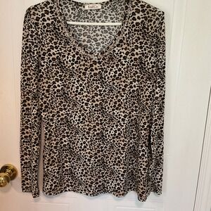 Kim & Co Leopard Print Top Womens Medium Brown Excellent Rhinestone V-Neck